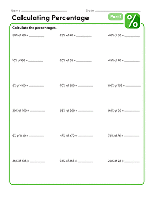 Sixth grade math worksheet focused on calculating percentages with ten practice problems