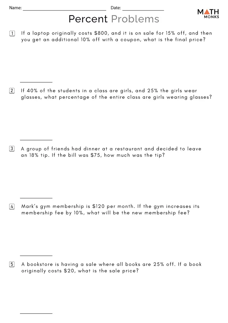 Sixth grade students solving percentage calculations on winter sale clothing prices worksheet