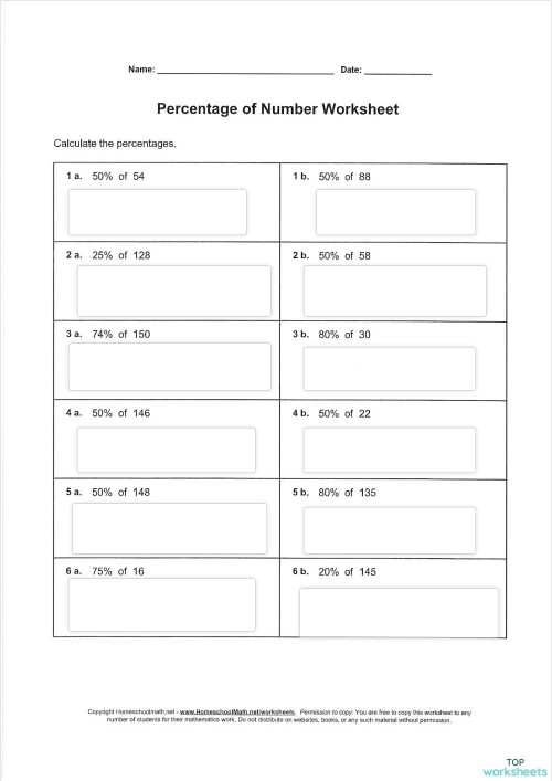 Worksheet for practicing percentage calculations for sixth graders