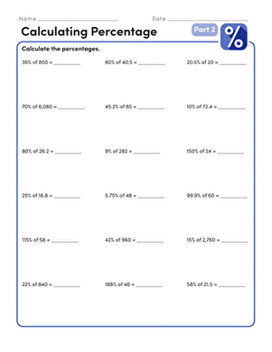 Sixth grade math worksheet for practicing percentage calculations part two