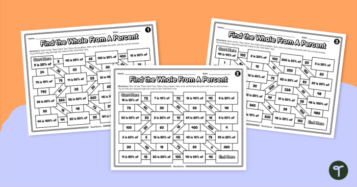 Sixth grade math worksheet featuring a maze path for solving percentage problems