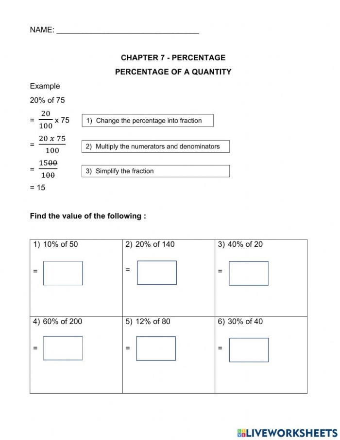 Sixth grade math worksheet focused on calculating percentages part one