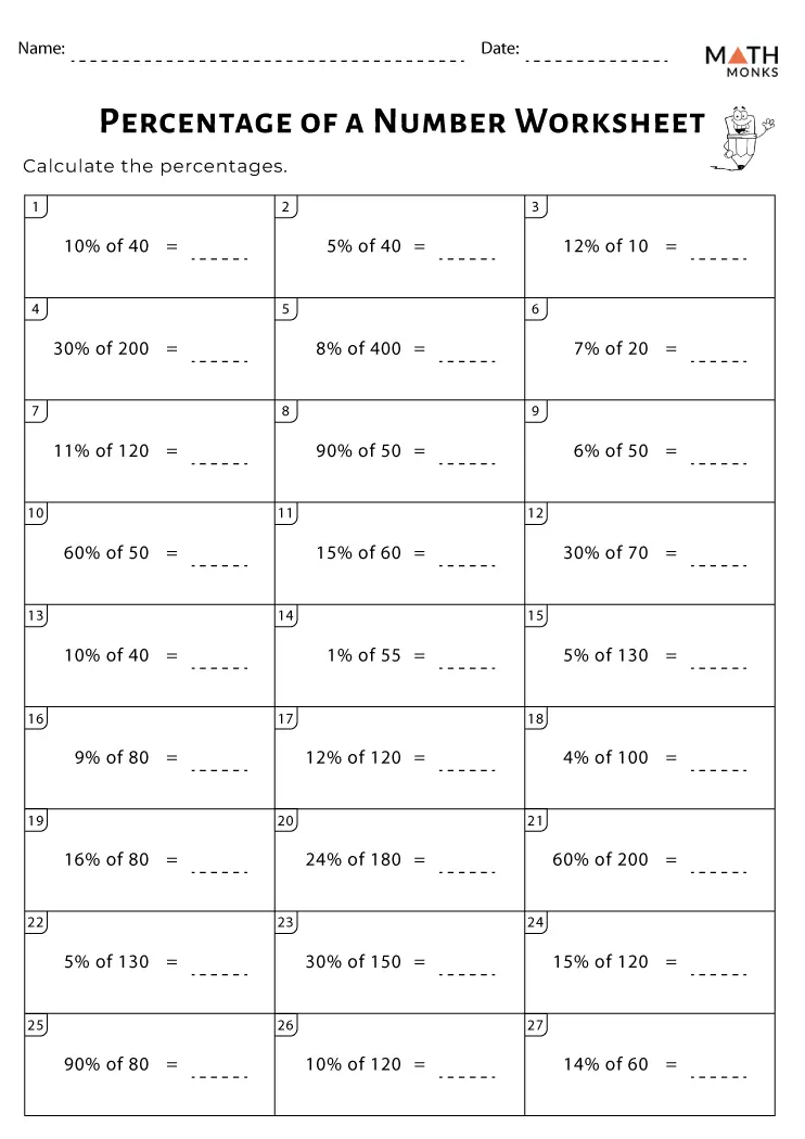 Sixth grade math worksheet for calculating percentages part one with practice problems