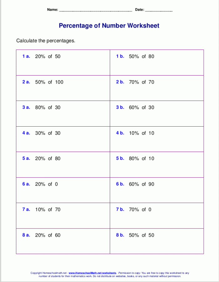 Sixth grade students working through percentage calculation problems on a math practice worksheet
