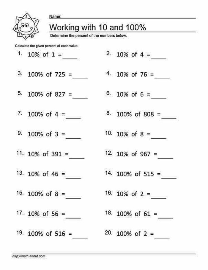 Worksheet for practicing percentage calculations for sixth graders
