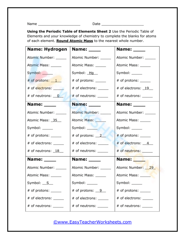 Sixth grade science worksheet featuring a detailed periodic table of elements with property information for each entry