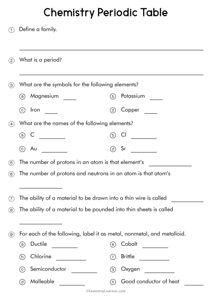 Sixth grade student studying a printable periodic table worksheet for science class