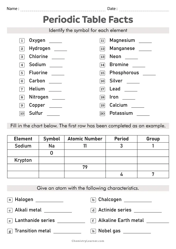 A sixth grade student reviewing a detailed periodic table worksheet featuring element properties