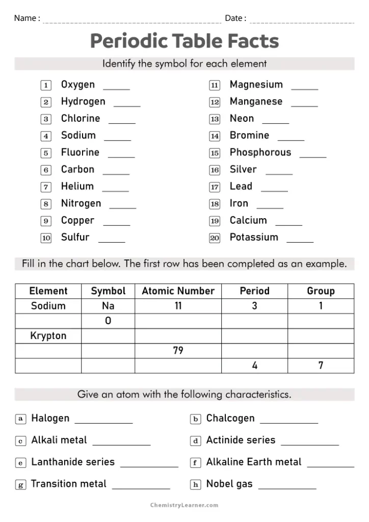 Sixth grade student worksheet showing a colorful periodic table of elements chart for science class