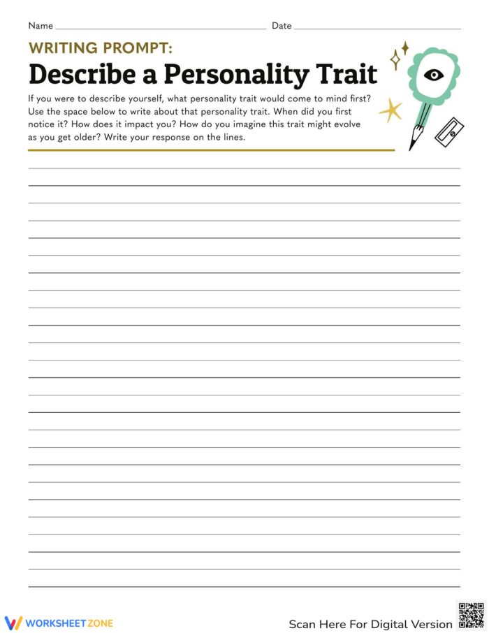 Engaging reflective writing activity about personal characteristics Worksheet for writing prompt on personality traits for sixth graders