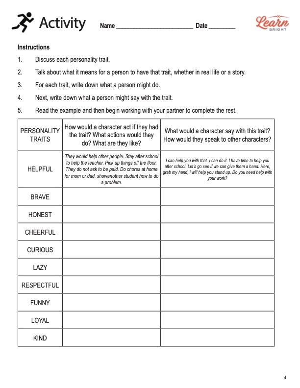 Engaging writing activity to explore personal characteristics and traits Worksheet featuring a reflective writing prompt focused on personality traits for sixth graders