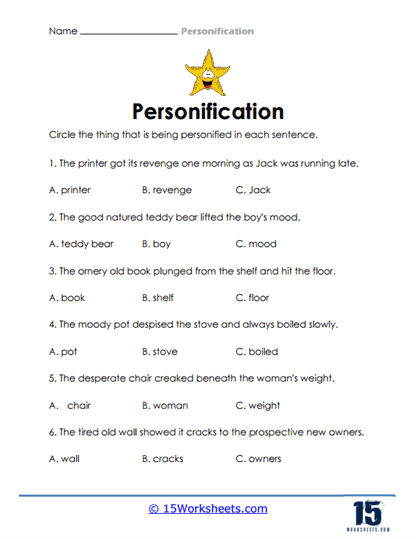Sixth grade worksheet for identifying personification in Emily Dickinson poetry