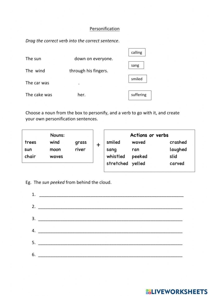 Practice worksheet showing personification examples for middle school writers to make sentences more vivid and engaging Sixth grade student completing a personification worksheet exercise to enhance descriptive writing skills