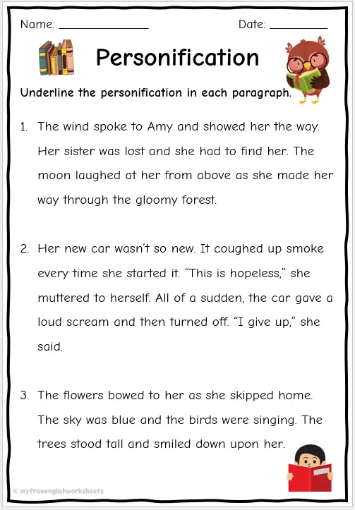 Personification Writing Practice Activity for Middle School Students Sixth grade student worksheet showing personification examples with sentences being rewritten to include descriptive human qualities assigned to objects and nature