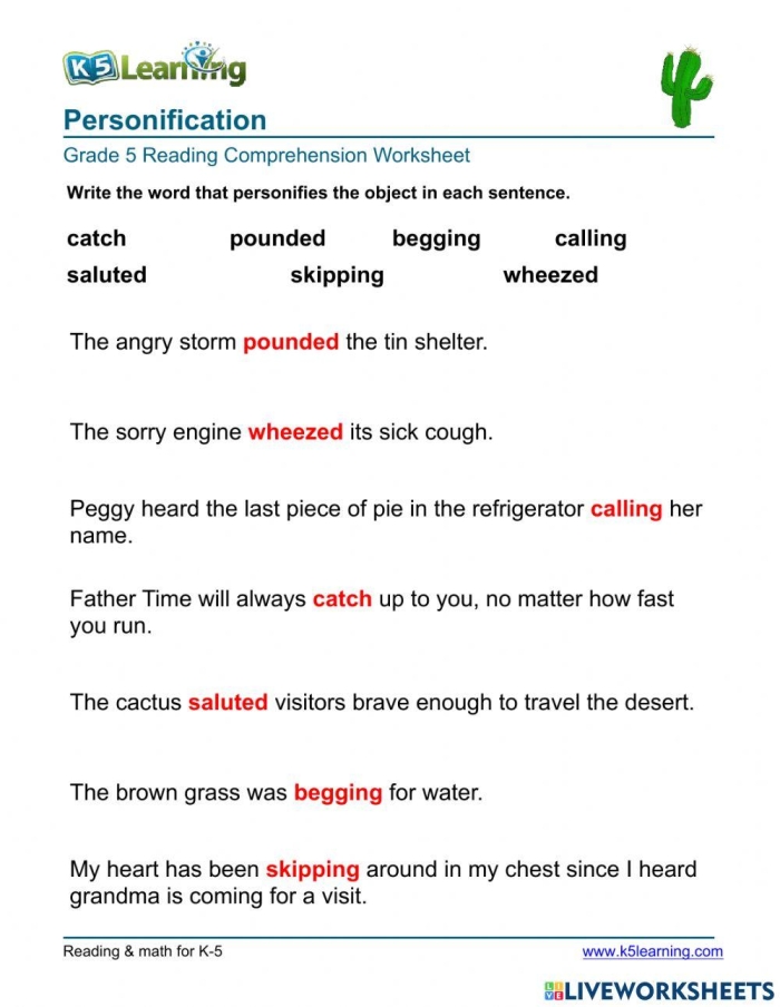 Sixth grade grammar worksheet featuring an Emily Dickinson poem for personification practice