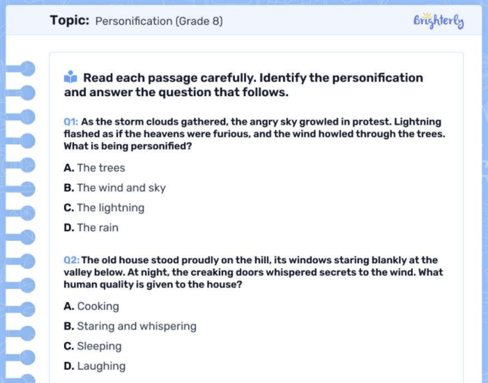 Worksheet featuring personification examples from Emily Dickinson's poem