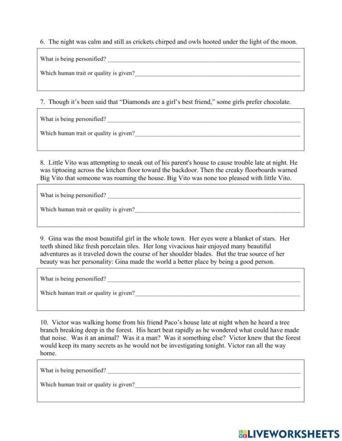 Worksheet featuring examples of personification from Emily Dickinson for sixth graders