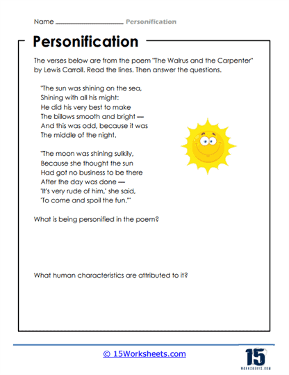 Worksheet featuring examples of personification in Emily Dickinson's poem for sixth graders