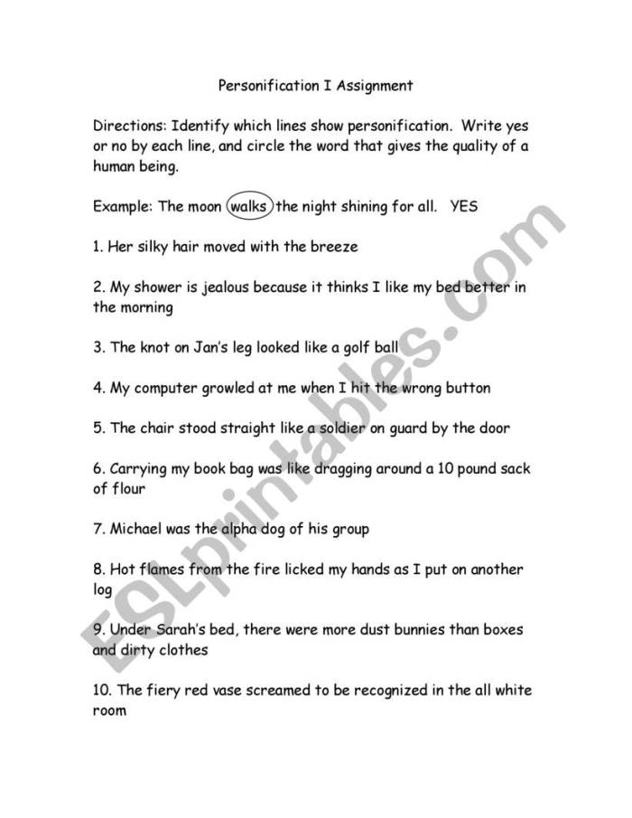 Personification to Enhance Writing Practice Sheet for Middle School Students A sixth grade student worksheet showing examples of personification with sentences being rewritten to add descriptive language and excitement