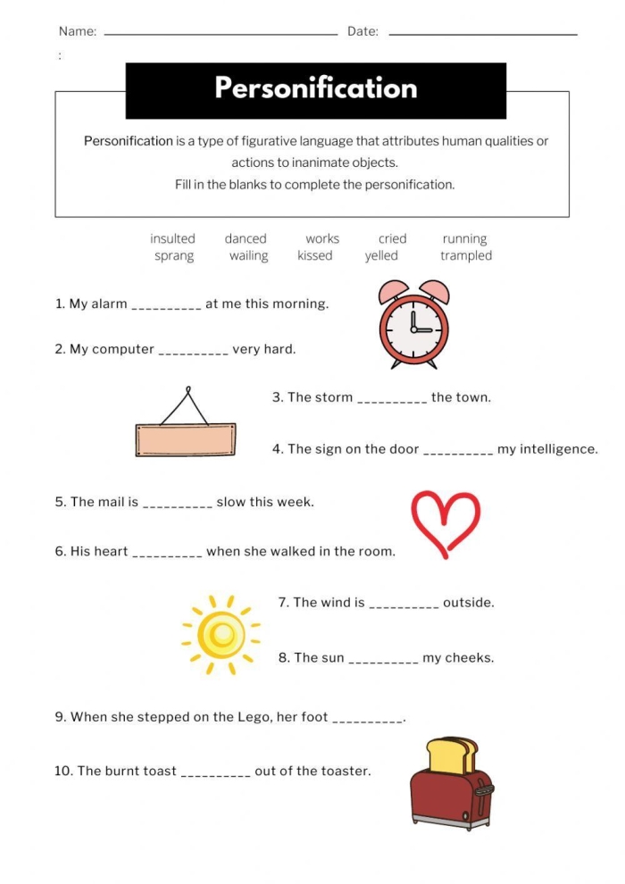 Worksheet on personification with examples from Emily Dickinson's poem