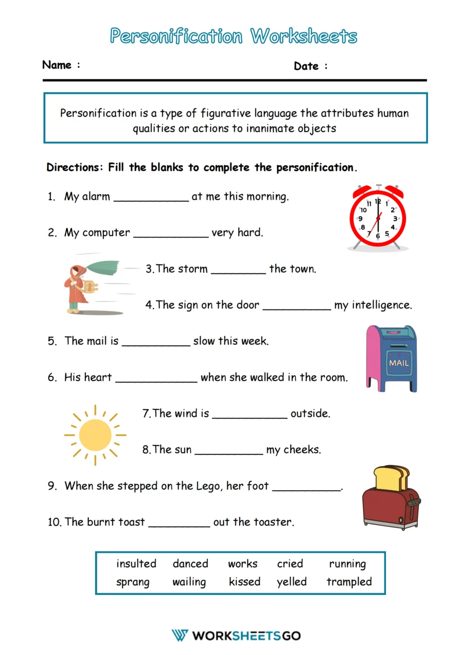 Personification to Enhance Writing Exercise 17 for Middle School English Sixth grade student completing a writing worksheet about using personification to add detail to sentences