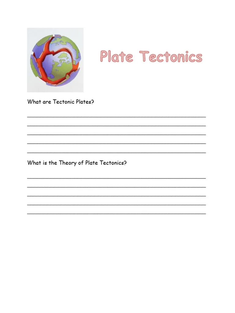 Illustration of a worksheet focusing on evidence of plate tectonics for sixth-grade students