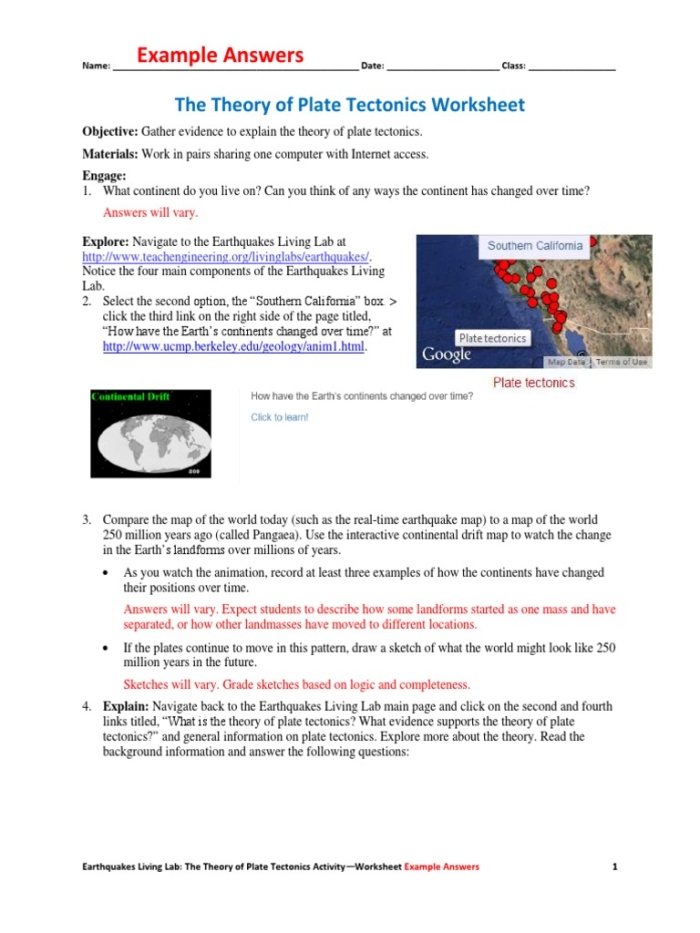 Sixth grade student worksheet featuring diagrams illustrating the scientific evidence of plate tectonics