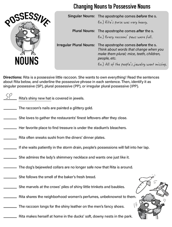 Sixth grade grammar worksheet focused on spelling plural and possessive nouns in patterns