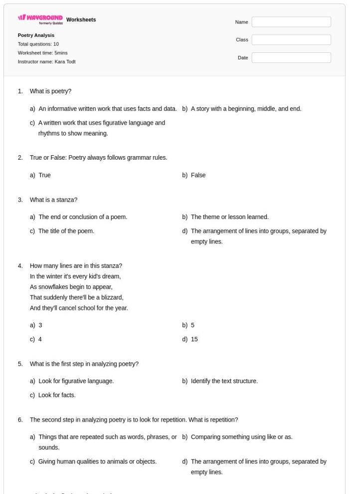Sixth-grade students analyzing A.E. Housman's poem with guided worksheet questions about literary devices and meaning