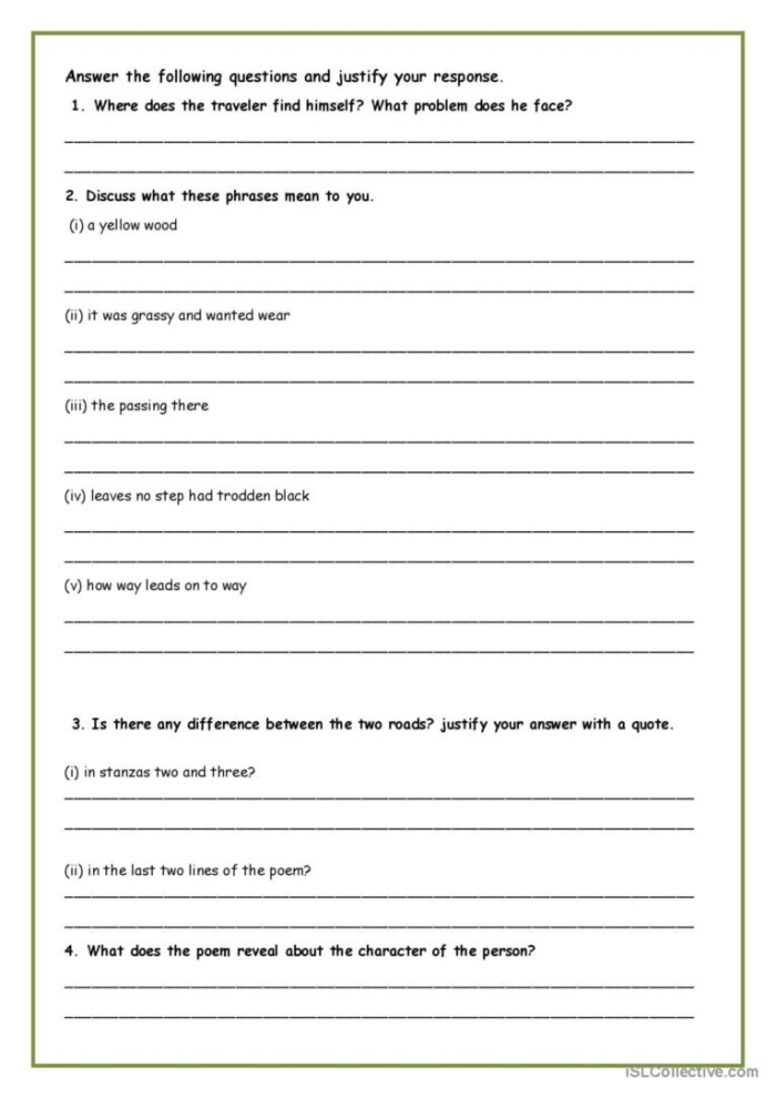 Worksheet for analyzing "The Road Not Taken" by Robert Frost