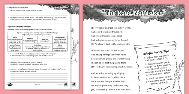 Worksheet featuring the poem "The Road Not Taken" by Robert Frost for sixth graders. Reading comprehension skills development with a classic literary work.