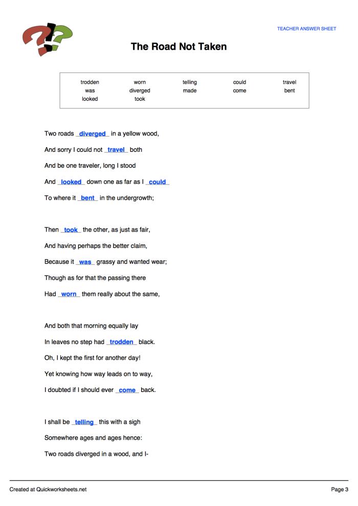 Sixth grade reading comprehension worksheet featuring Robert Frost poem The Road Not Taken