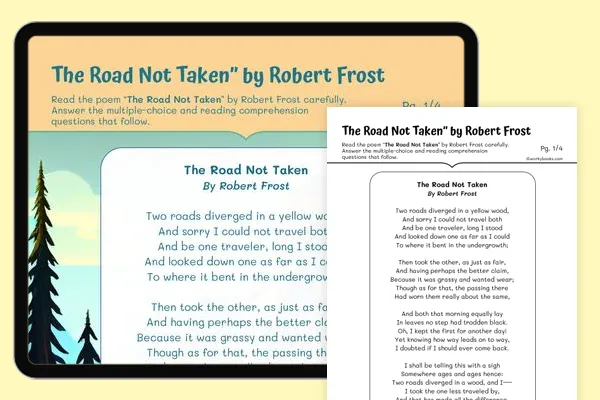Sixth grade reading comprehension worksheet featuring Robert Frost poetry titled The Road Not Taken image 12