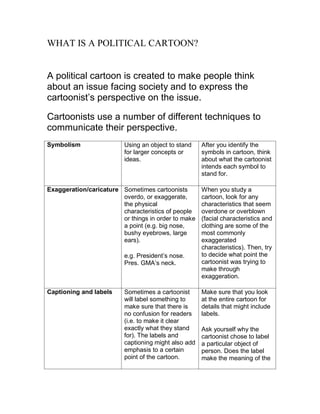 Framework for reading political cartoons effectively and engagingly Worksheet for analyzing political cartoons aimed at sixth graders