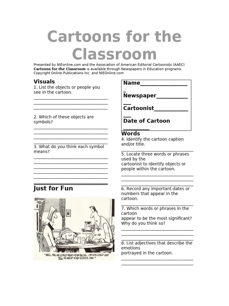 Guide to analyzing political cartoons for students in grade six Worksheet for understanding political cartoons in a sixth-grade reading class