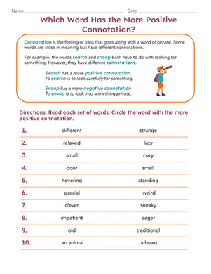 Sixth grade grammar worksheet focused on identifying words with a more positive connotation