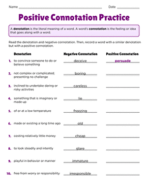Worksheet showcasing positive connotation word choices for sixth graders in algebra. Engaging grammar activity for exploring nuanced meanings in vocabulary.