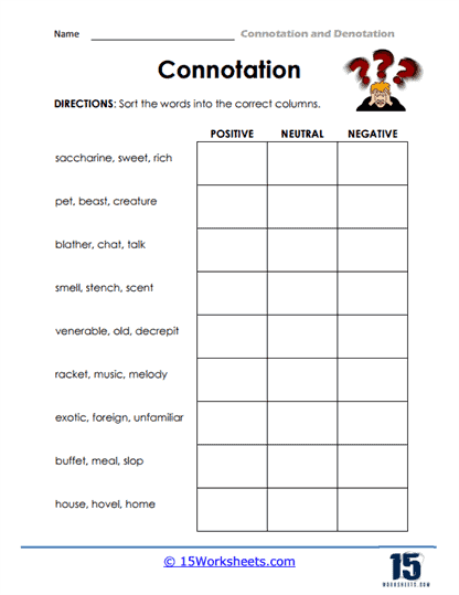 Worksheet focusing on selecting words with positive connotations for sixth-grade algebra students