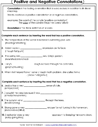 Worksheet for sixth graders on positive connotations in grammar