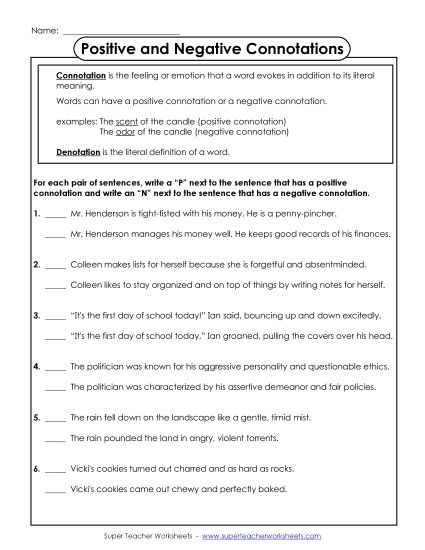 Worksheet helping sixth graders identify positive connotations in words