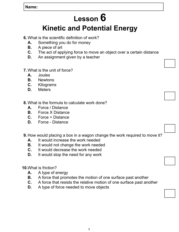 Sixth grade students completing a science worksheet about the transformation and changes in potential energy