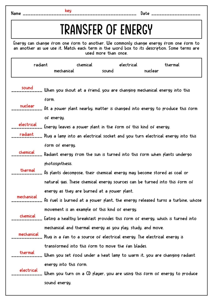Sixth grade physical science worksheet focusing on changes in potential energy
