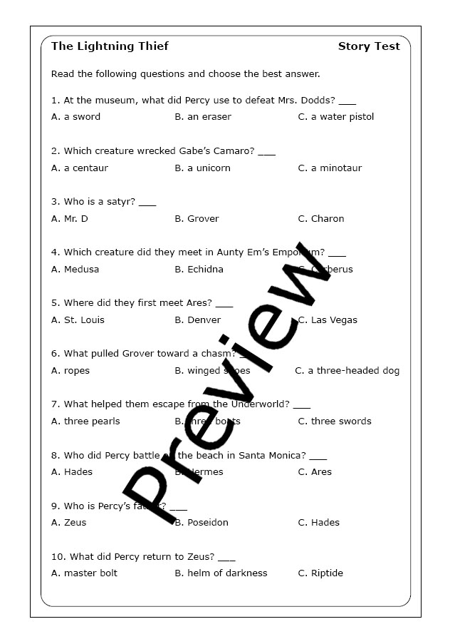 Worksheet for The Lightning Thief: Engaging pre-reading activity for sixth-grade students Pre-reading activity worksheet for The Lightning Thief by Rick Riordan, designed for sixth graders to enhance background knowledge