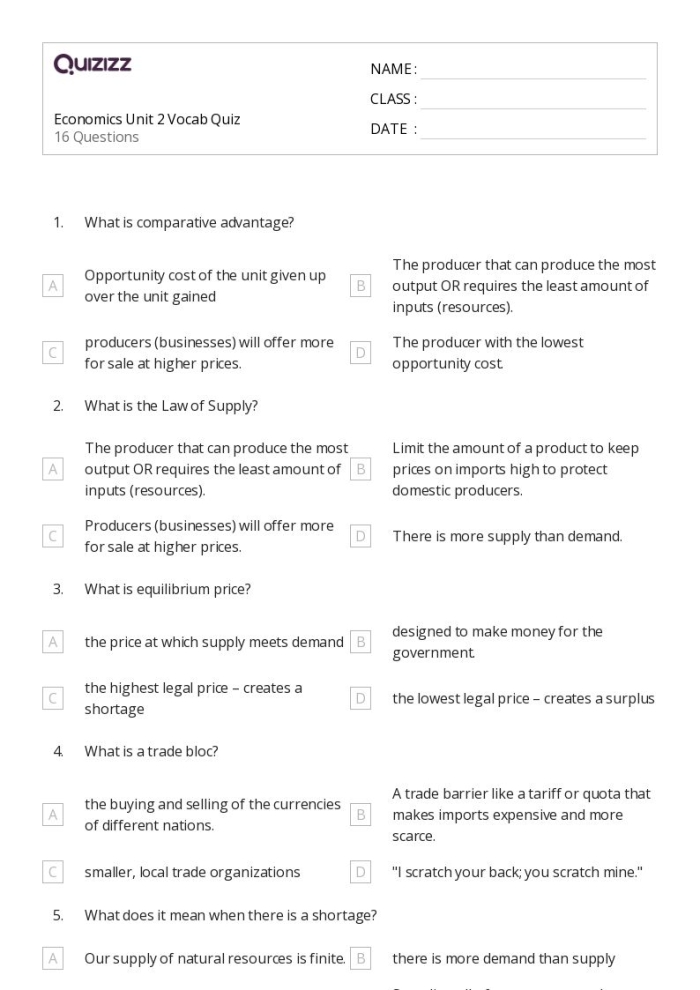 Economics worksheet on shortages, surpluses, and their impact on prices Worksheet illustrating the concepts of shortage, surplus, and pricing strategies for sixth graders