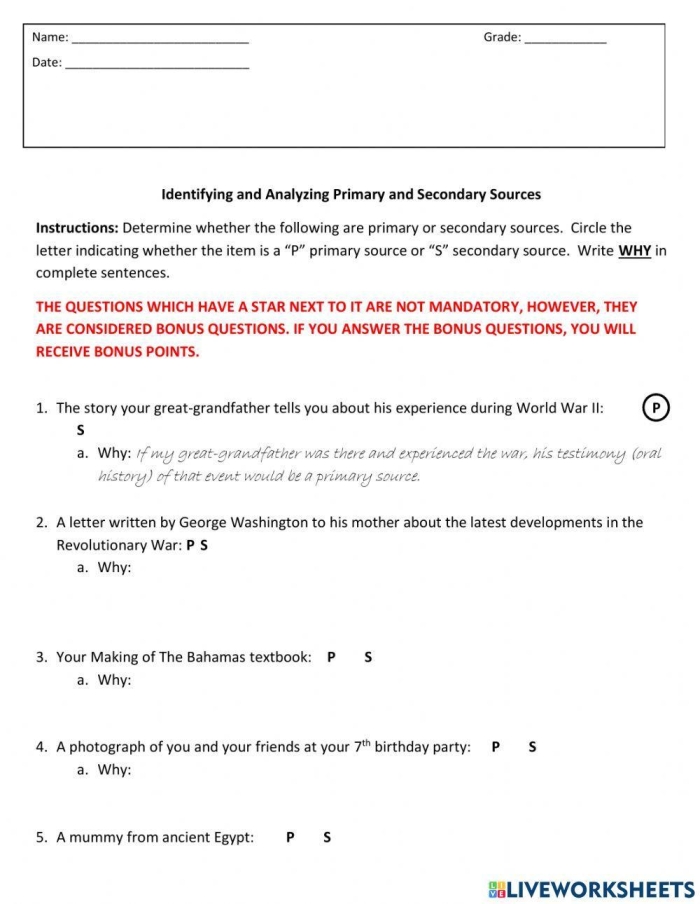 Sixth grade student identifying primary and secondary sources on a social studies worksheet