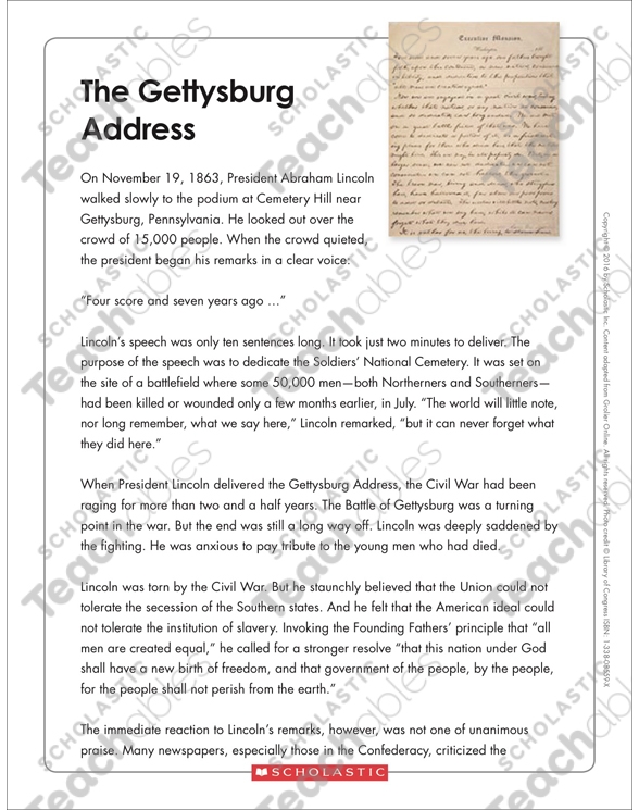 Worksheet featuring primary source analysis of Lincoln's Gettysburg Address for sixth-grade students
