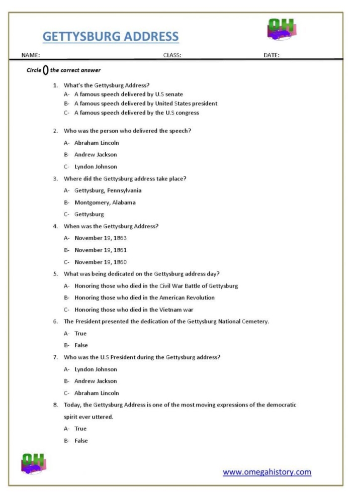 Students analyzing Lincoln's Gettysburg Address on a worksheet