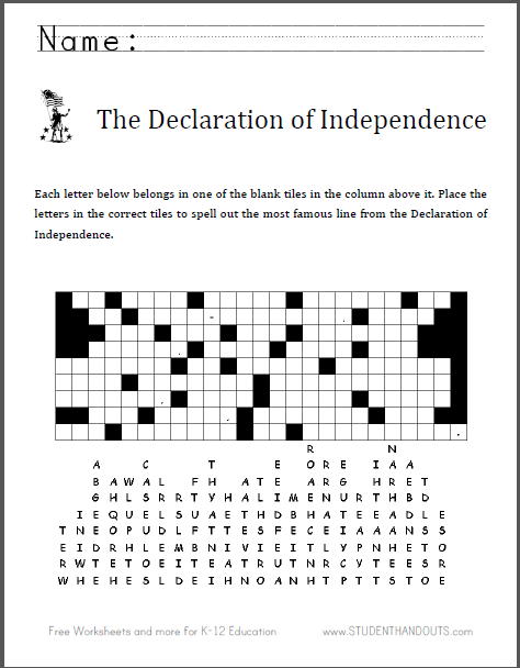 Sixth grade students analyzing the primary source text of the Declaration of Independence on a two-page printable worksheet
