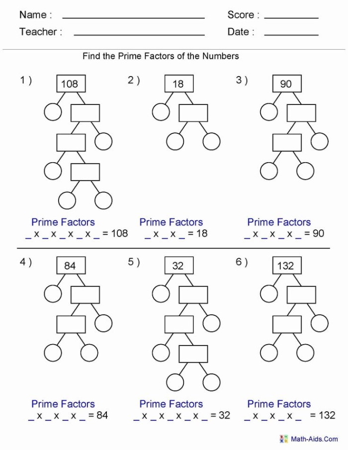 Educational resource for mastering prime factorization in multiplication Worksheet focusing on prime factorization concepts for sixth graders