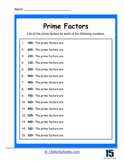 Prime Factorization Math Worksheet Eleven Sixth grade math worksheet featuring prime factorization practice problems